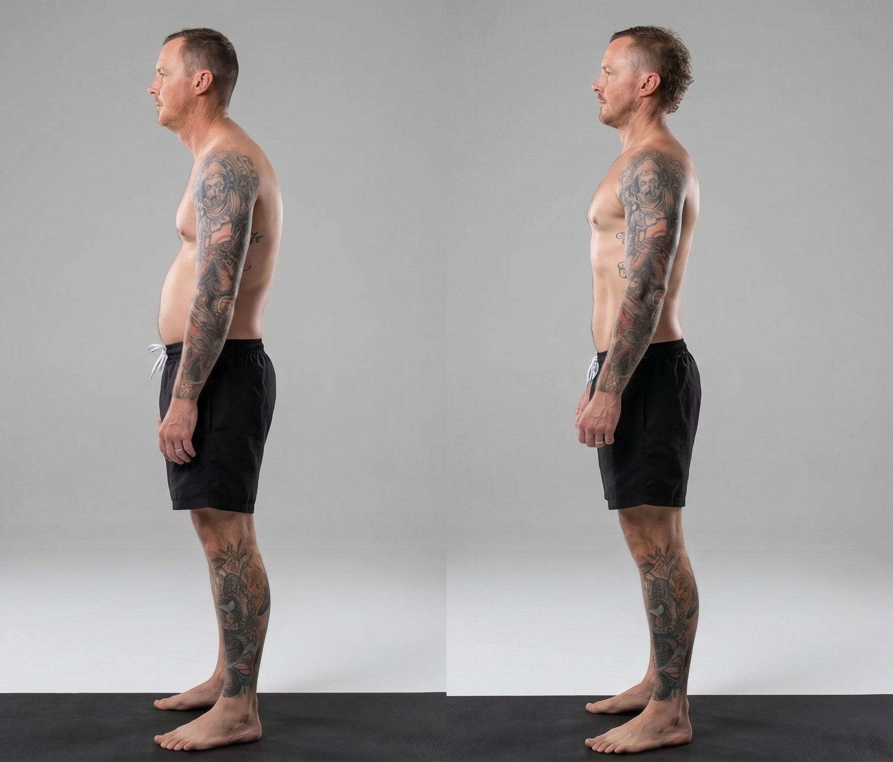 Before and after posture correction &mdash; improved spinal alignment after Functional Patterns training.