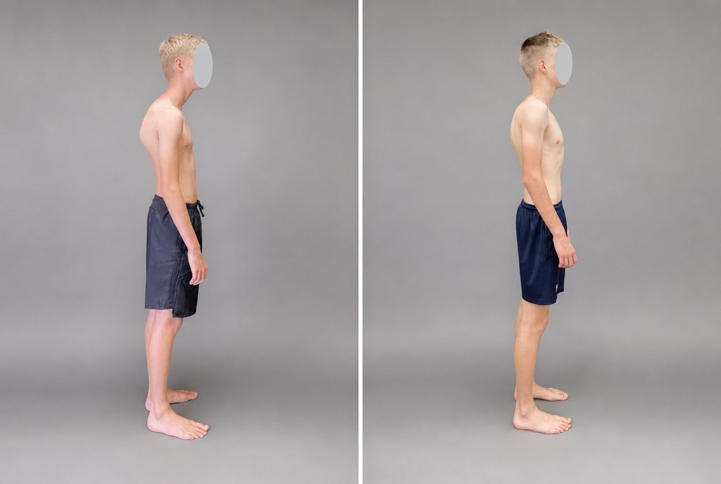 Before and after posture transformation &mdash; side view, improved spinal alignment after Functional Patterns training.
